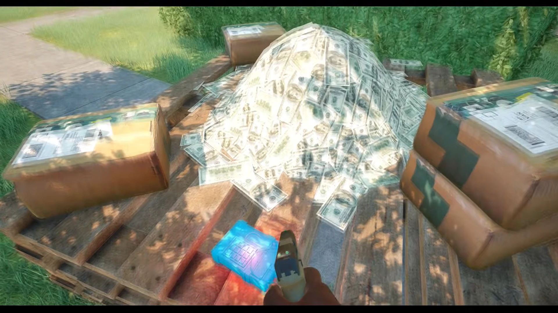 First-person view of cash and crates in a Hood Warfare 2 trailer scene
