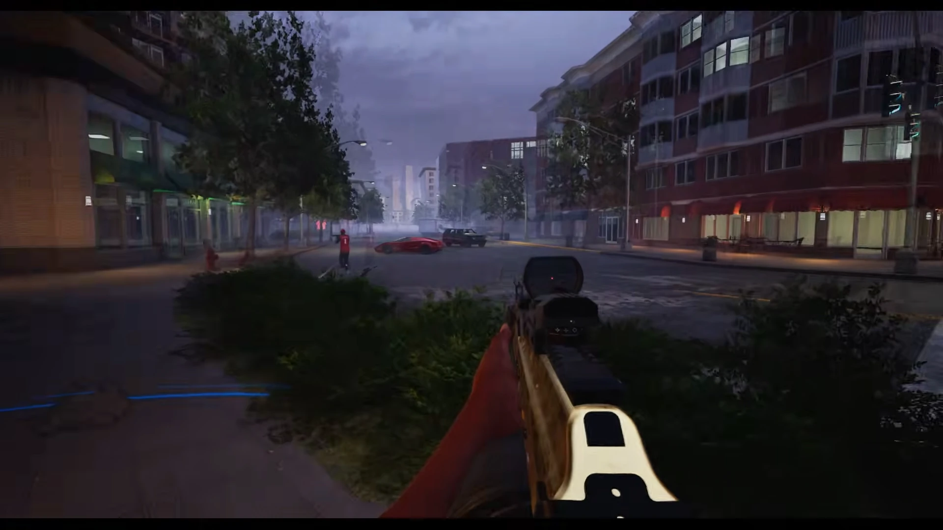 First-person weapon with an optic facing a city street in Hood Warfare 2