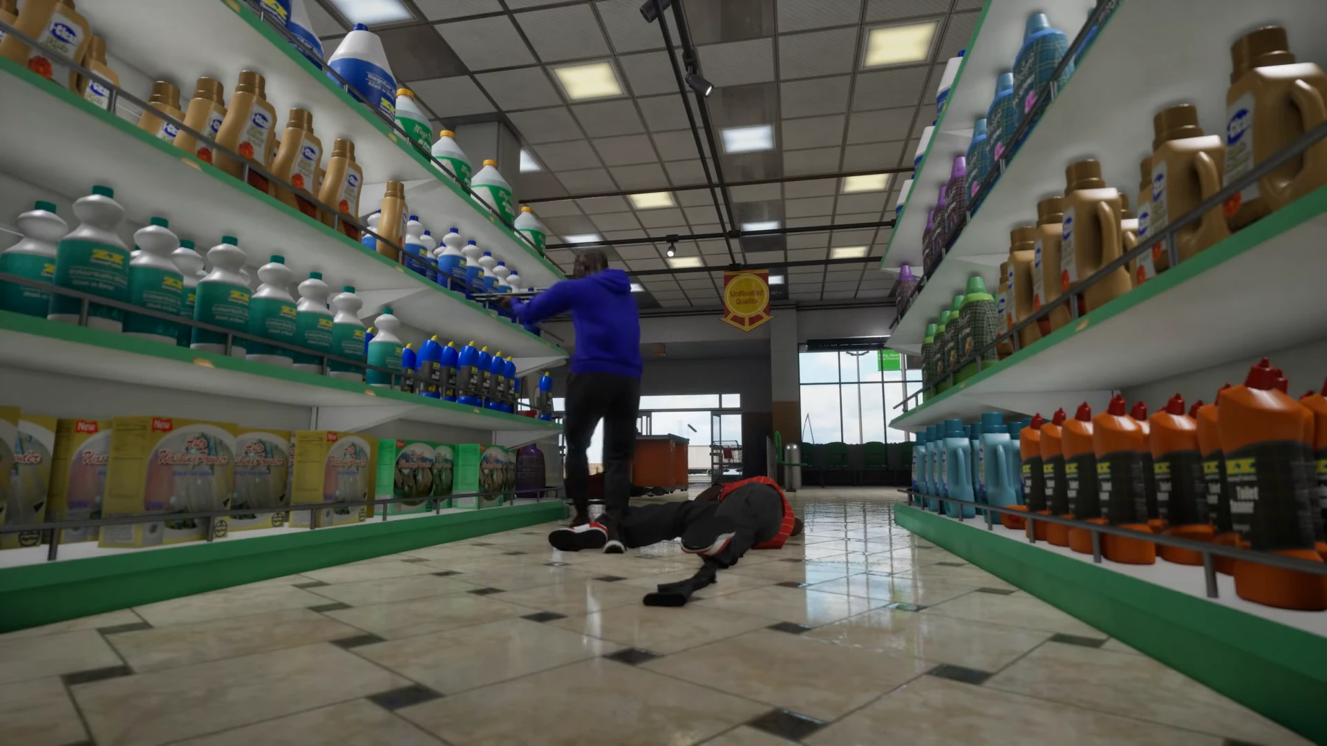 Blue-clad character holding a firearm between stocked shop shelves in Hood Warfare 2