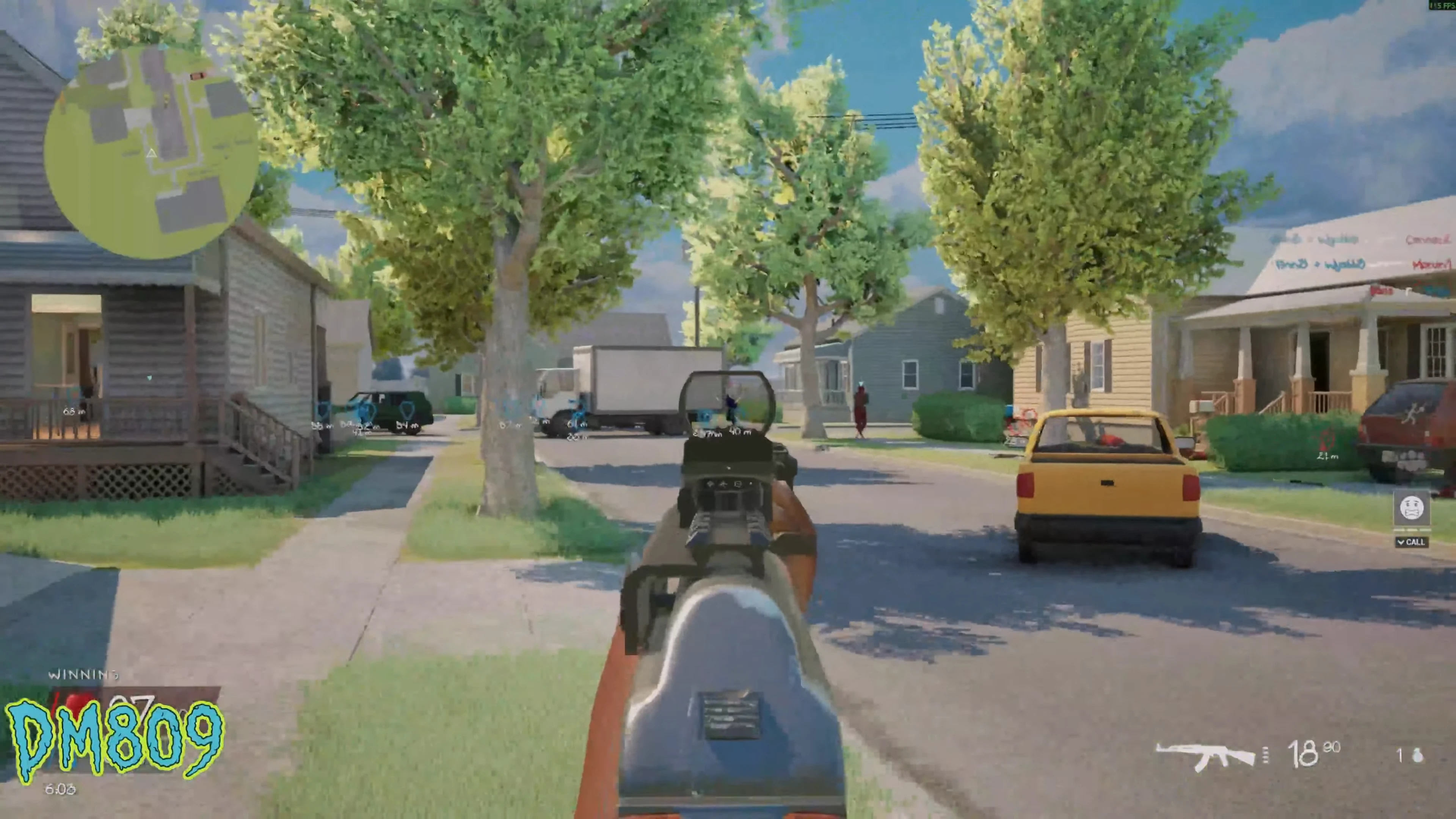 Weapon optic aimed toward houses and a yellow pickup in Hood Warfare 2 gameplay