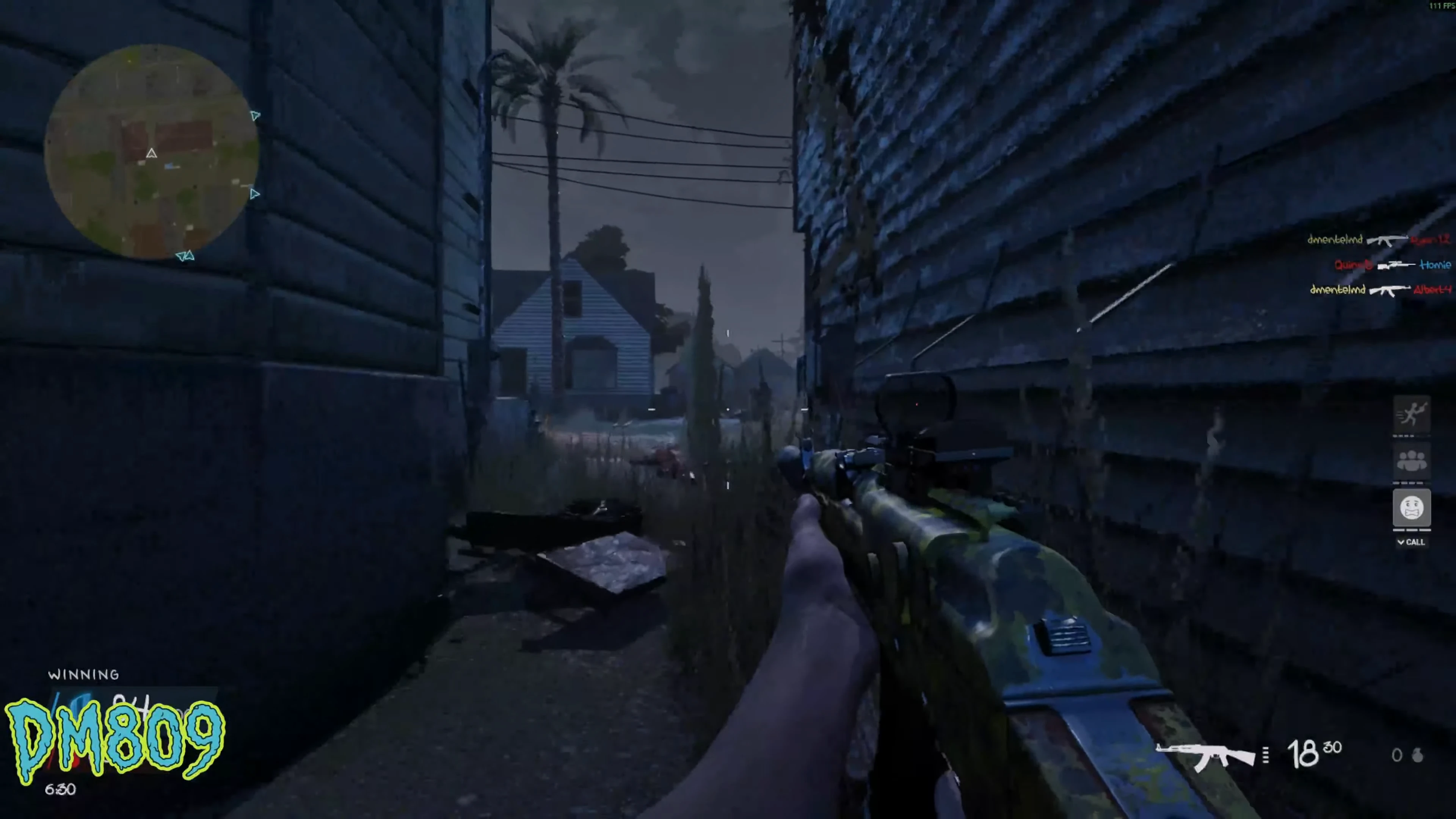 First-person firearm in a shadowed alley beside wooden and brick buildings in Hood Warfare 2