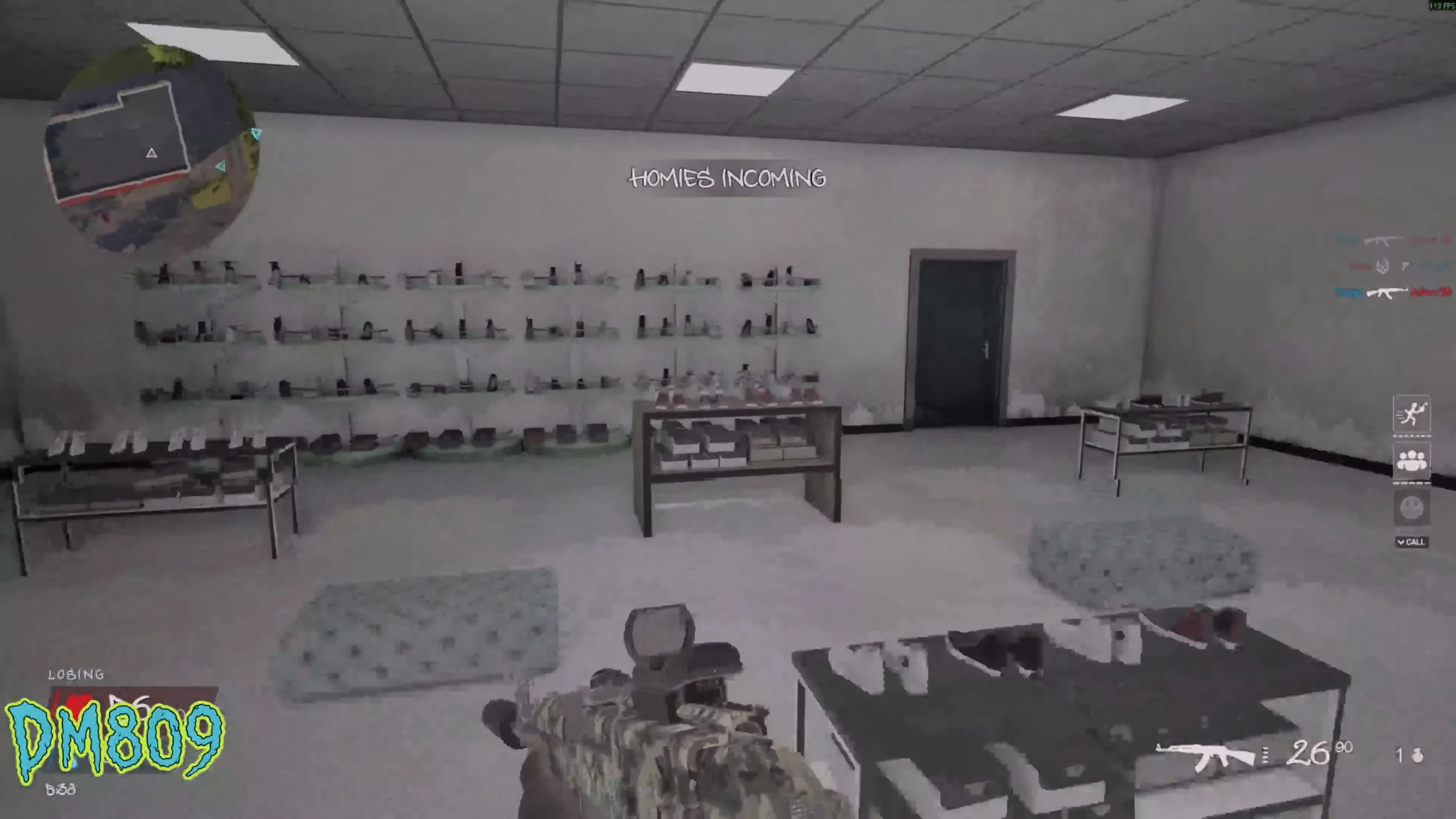 First-person firearm beside shop shelves and display cases in Hood Warfare 2 gameplay