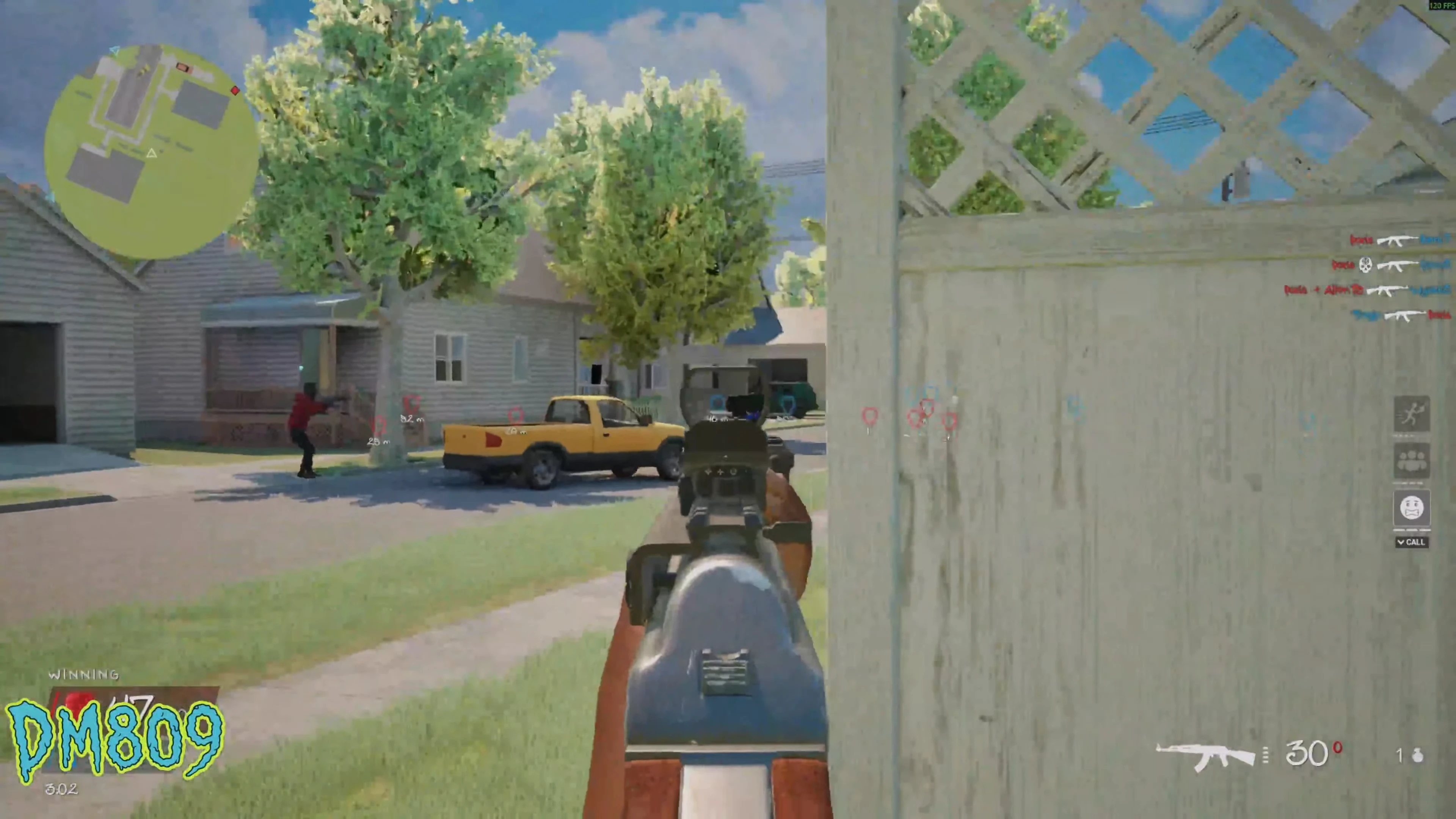 First-person street view with a weapon and match HUD in Hood Warfare 2