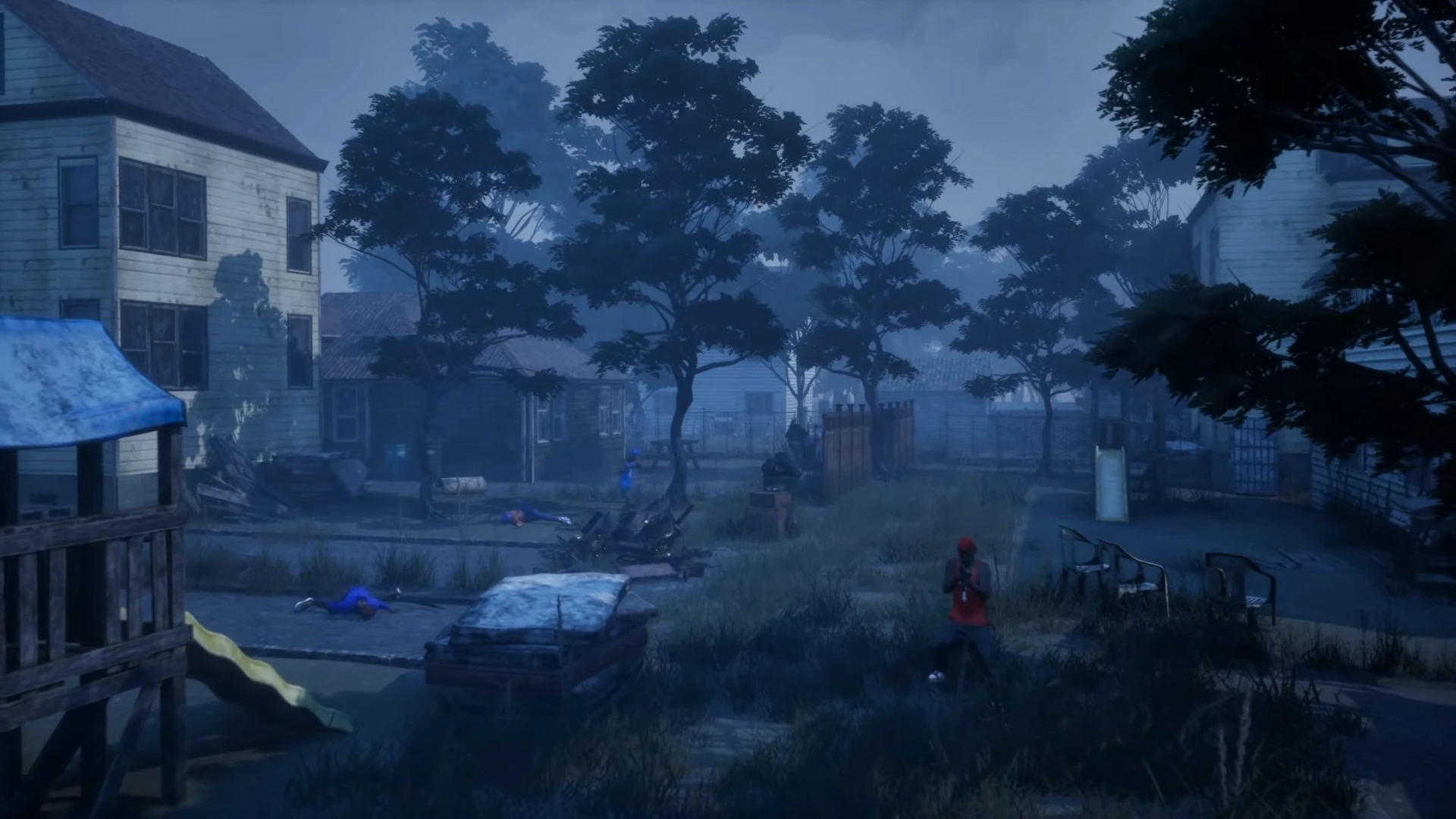 Red and blue characters among houses, trees and parked cars in Hood Warfare 2